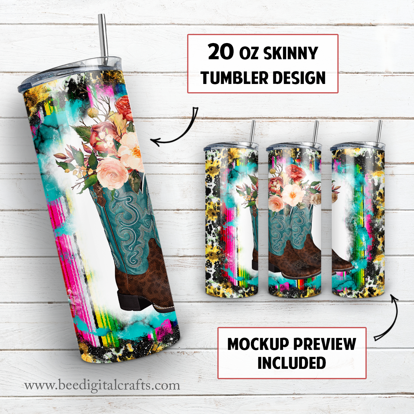 Western boots with flower 20 oz skinny tumbler sublimation design