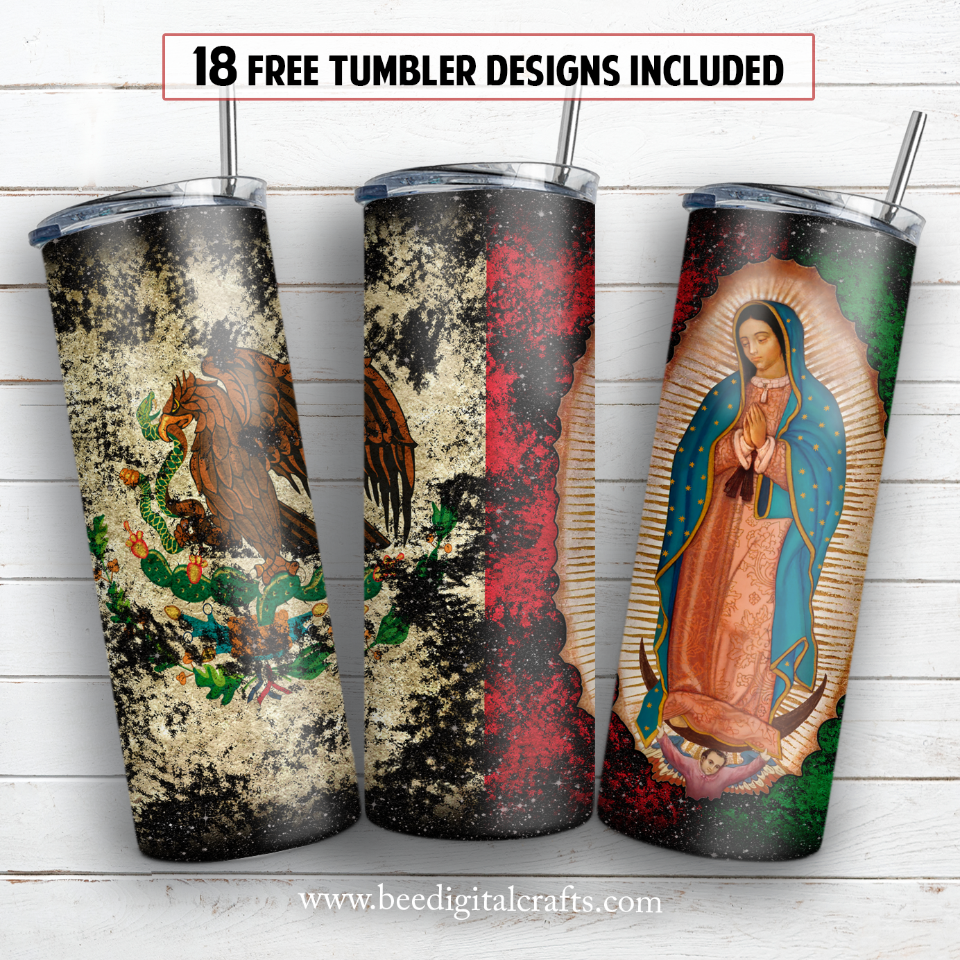 Virgin Mary and Mexican flag 20 oz skinny tumbler sublimation design